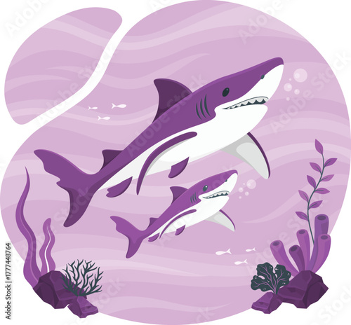 Two purple sharks swimming underwater with coral fish ocean