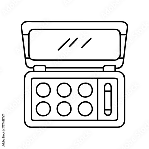 Open makeup palette with six circular eyeshadow pans and one applicator