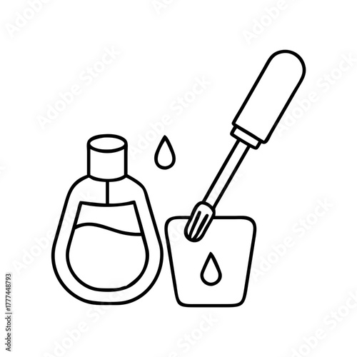 Nail polish bottle with applicator brush and drops, simple line art icon representing beauty and cosmetic products