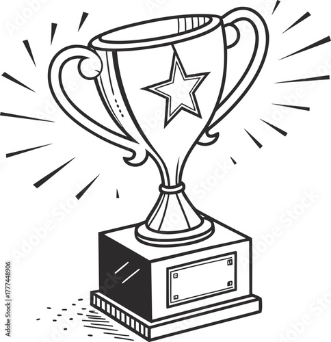 A vector illustration of a trophy cup, centered and taking up most of the frame. The trophy is depicted in a simple line art style, with thick black outlines. The cup features a large, bowl-like top w