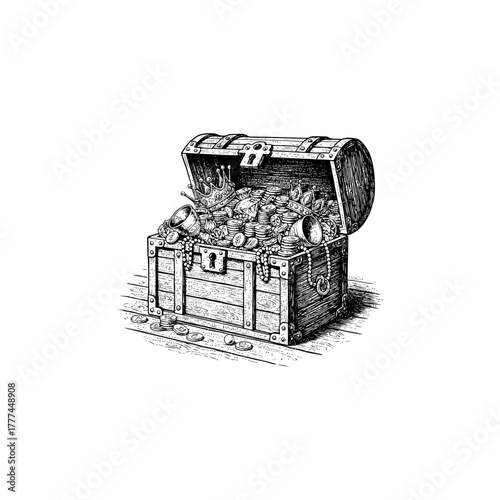 Open Treasure Chest with Gold and Jewels - Pirate Loot Engraving, drawn in an engraved, woodcut style with fine details sketch engraving vector illustration.