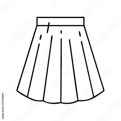 A black and white line drawing of a pleated skirt, showcasing its flared silhouette and vertical pleats, isolated on a this versatile image suits fashion blogs, ecommerce, and creative projects