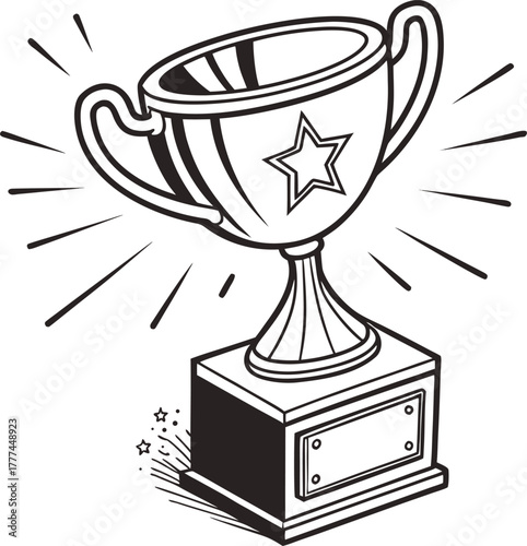 A vector illustration of a trophy cup, centered and taking up most of the frame. The trophy is depicted in a simple line art style, with thick black outlines. The cup features a large, bowl-like top w