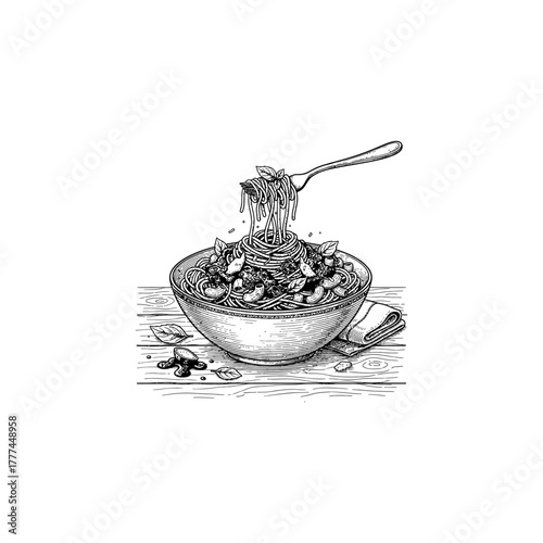 Vintage Bowl of pasta Engraving Illustration, drawn in an engraved, woodcut style with fine details sketch engraving vector illustration.