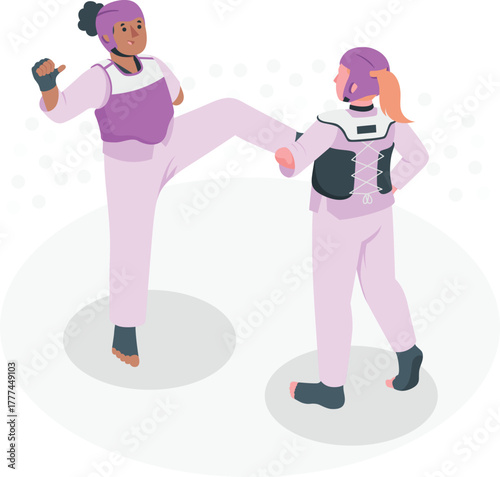 Two women in taekwondo gear sparring with kicks and punches martial arts sport