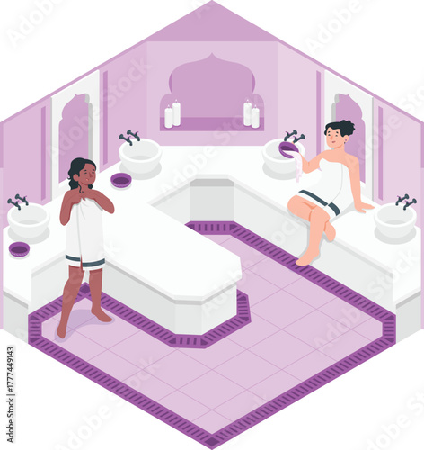 Two women in white towels in a purple and white bathhouse with sinks and candles hammam sauna