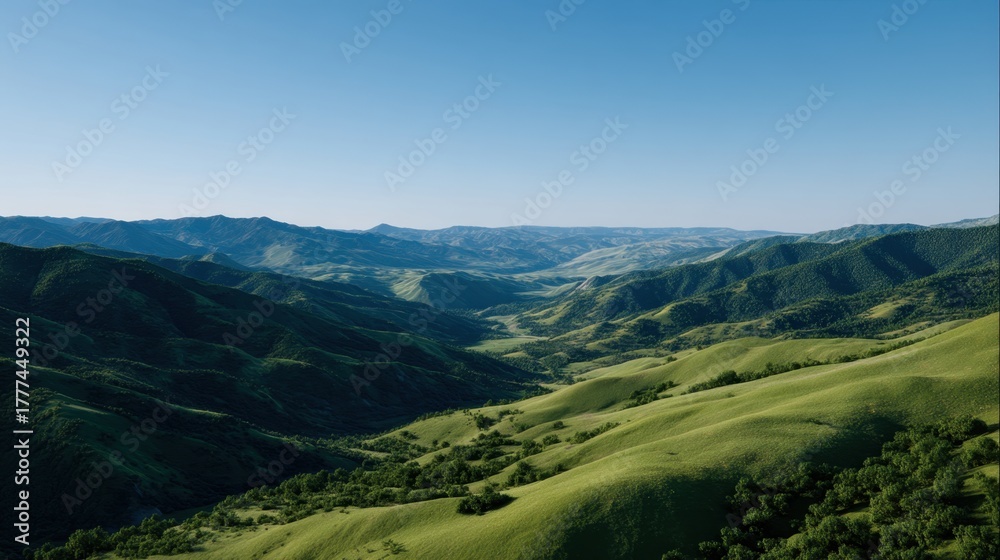 Fototapeta premium Scenic Sweeping View of Lush Green Rolling Hills and Open Terrain Under Clear Blue Sky