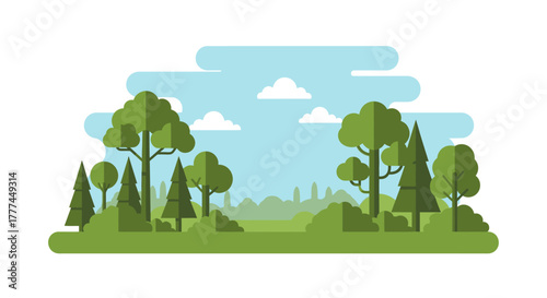 Flat illustration of a green forest with trees bushes and clouds in a blue sky