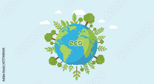 Earth with trees and leaves with eco in text