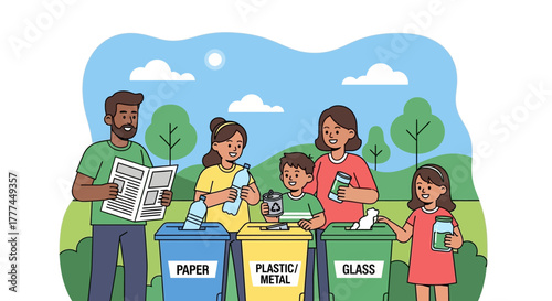 Family sorting recyclables into bins at a park