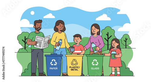 Family recycling together in a park
