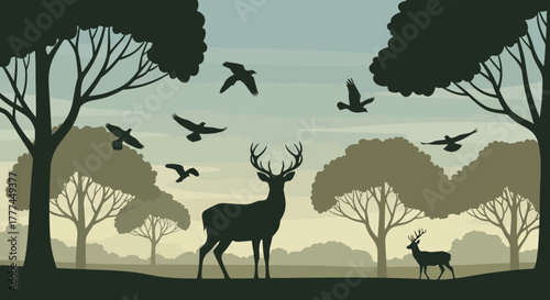 Silhouette of deer and birds in a forest at dusk