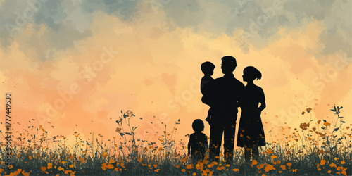 Family silhouette standing together in a field of flowers during a beautiful sunset