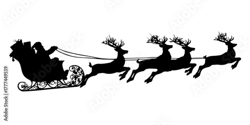 Silhouette of santa claus and his reindeer pulling a sleigh across the sky