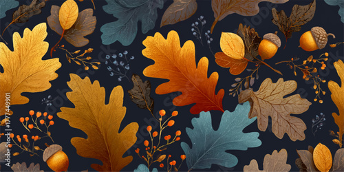 Vibrant autumn oak leaves and acorns scattered on a dark forest floor background