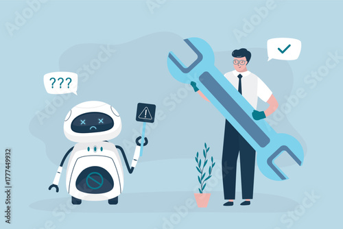 Cyborg with errors and mistakes. Repairman with giant wrench. Chatbot error service. Broken robot and engineer ready to repair. Cute robot needs repairs, owner with tools.