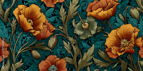 Intricate floral pattern with vibrant orange poppies and lush green foliage on a dark background
