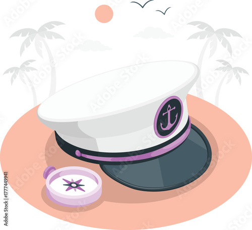 White captain hat with anchor emblem and compass on peach background nautical maritime