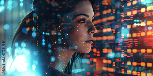 woman and artificial intelligence interface, digital future