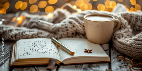 Cozy winter scene with journal and coffee for New Year resolutions