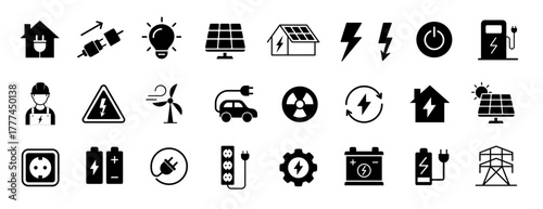 Electricity icon set. Voltage, battery symbol. Renewable energy and green technology logo. Vector illustration.