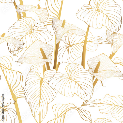 Golden seamless pattern with calla flowers, design elements. Floral  pattern for invitations, cards, print, gift wrap, manufacturing, textile, fabric, wallpapers.