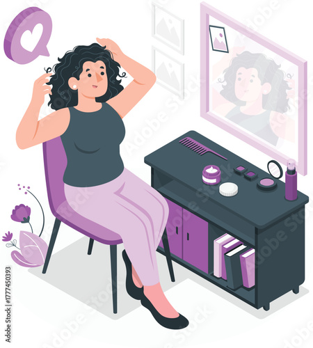 Woman at vanity table applying makeup looking in mirror Keywords: woman, mirror, reflection