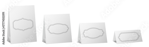 Set of table cards with vintage frames. White bent sheets of different sizes. Tent table card, nameplate