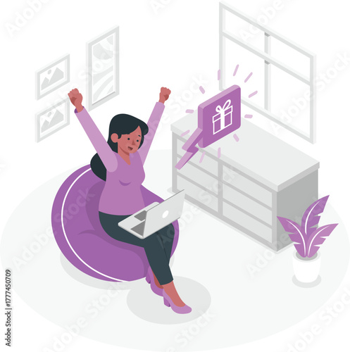 Woman celebrating online gift on laptop in cozy room celebration