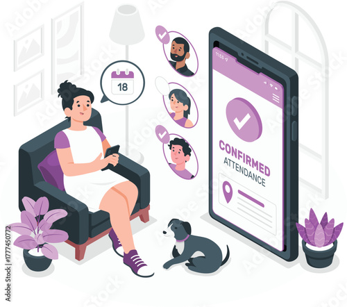 Woman confirming attendance on phone with dog and plants confirmation smartphone