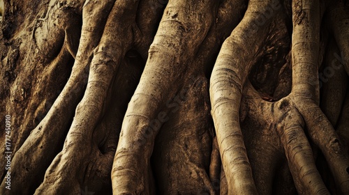 Intricate patterns of ancient tree roots create a natural sculpture highlighting the raw beauty of natures architecture with rustic appeal