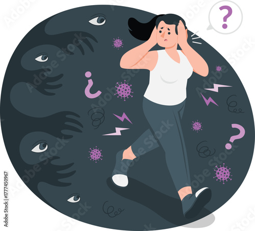 Woman distressed by shadowy figures and viruses fear anxiety