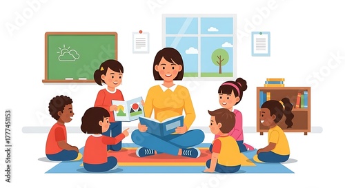 Teacher Reading Book to Diverse Group of Young Children in Classroom.