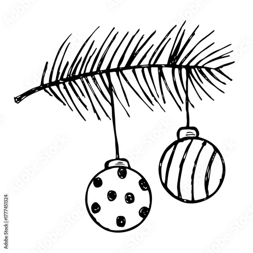 Christmas tree branch with two hanging ornaments, baubles vector ornament element