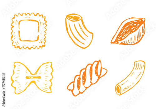 Pasta shapes, ravioli, macaroni, farfalle vector food vector hand drawn