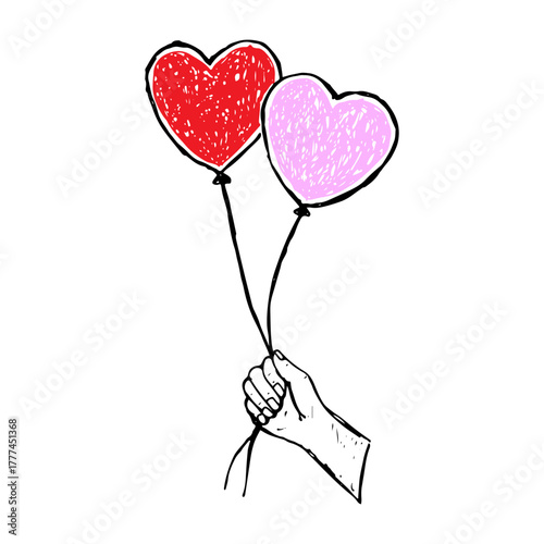 Hand holding the strings of two heart balloons, symbolizing love, romance, celebration, Valentine's Day.