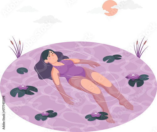 Woman floating in water with water lilies and sun swimming pond