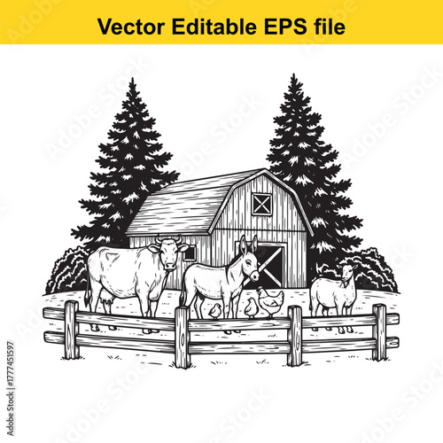 Farm scene with barn, fence, cow, donkey, sheep, and chickens, vector illustration