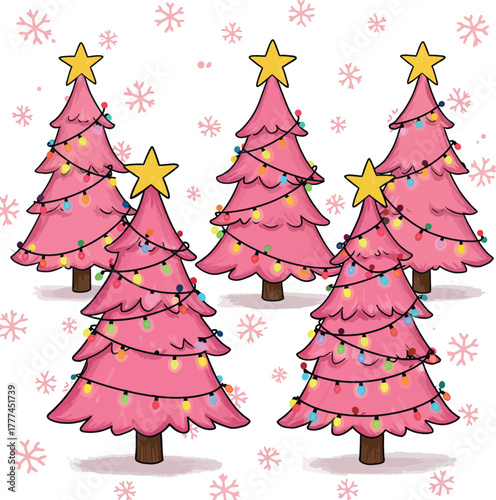 Pink christmas trees with colorful lights, star toppers