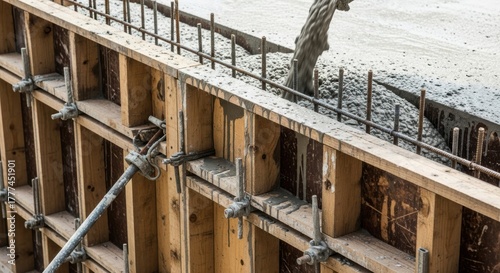 Concrete pouring in wooden formwork for construction projects