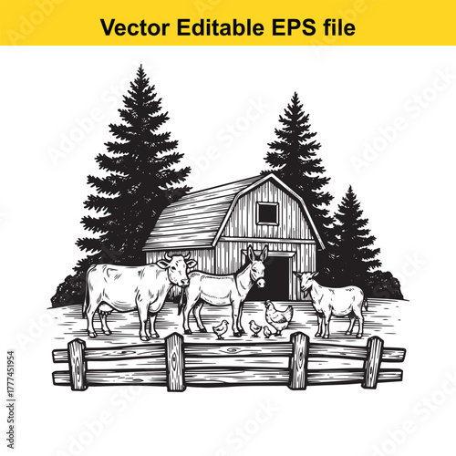 Farm scene with barn, fence, cow, donkey, sheep, and chickens, vector illustration