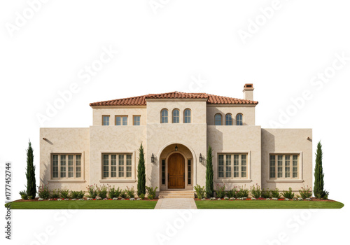 Isolated luxurious beige Mediterranean house architectural design on a manicured lawn