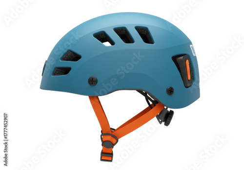 Isolated climbing helmet is secure head protection equipment with adjustable strap, blue color
