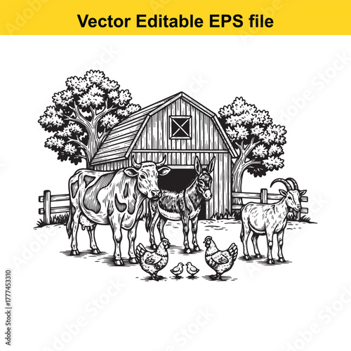 Farm animals including a cow, donkey, goat, and chickens gathered in front of a barn and trees