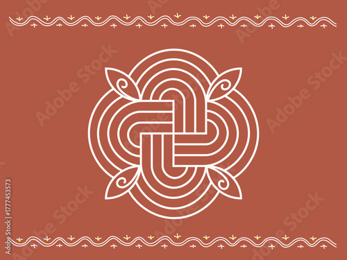 Traditional Indian stylized swastika design on a postcard. Line drawing Rangoli or Alpana.