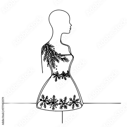 Silhouette of a mannequin with a Christmas dress Christmas & New Year Looks outline / minimal linear vector