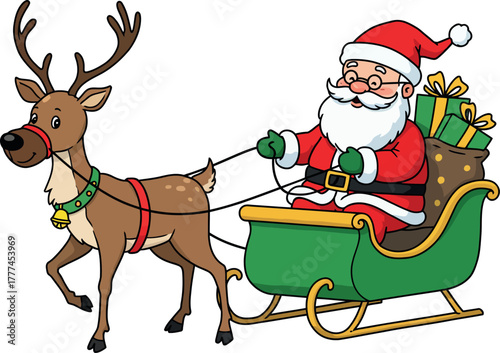 Santa claus and reindeer pulling sleigh with many gifts
