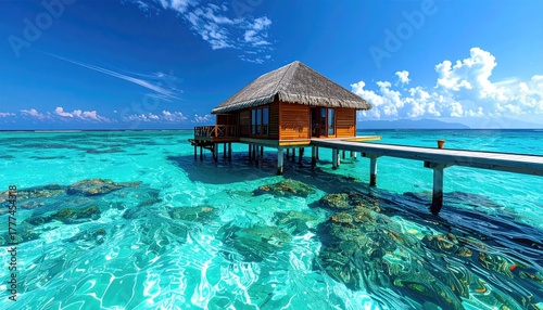 Fototapeta Naklejka Na Ścianę i Meble -  Tropical Overwater Bungalow With Thatched Roof On Stilts In Crystal Clear Turquoise Ocean With Sunny Blue Sky Over The Maldives