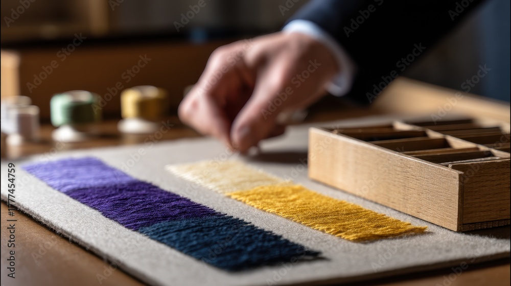 Fototapeta premium Crafting with Threads and Textiles: A Close-Up on Colorful Fabric Samples and Replacement Pieces
