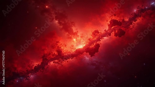 Dynamic crimson nebula burning brightly across the cosmos, revealing vibrant stars and swirling gases, a cinematic journey through deep space exploration